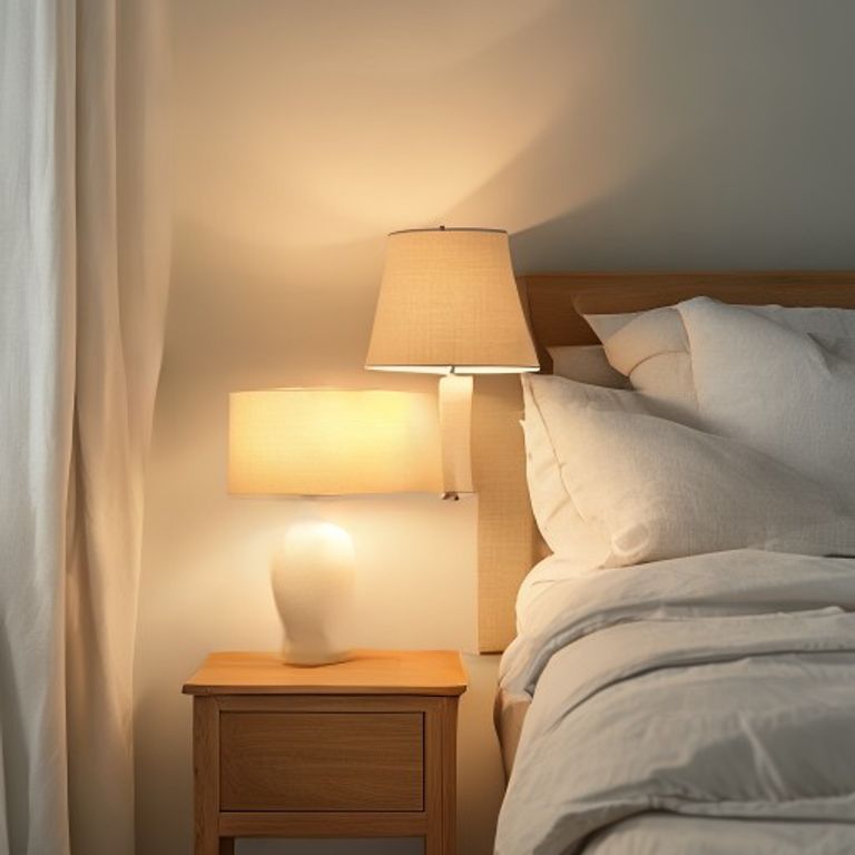 Bedside lamp in soft evening light Warm lamp on bedside table at dusk