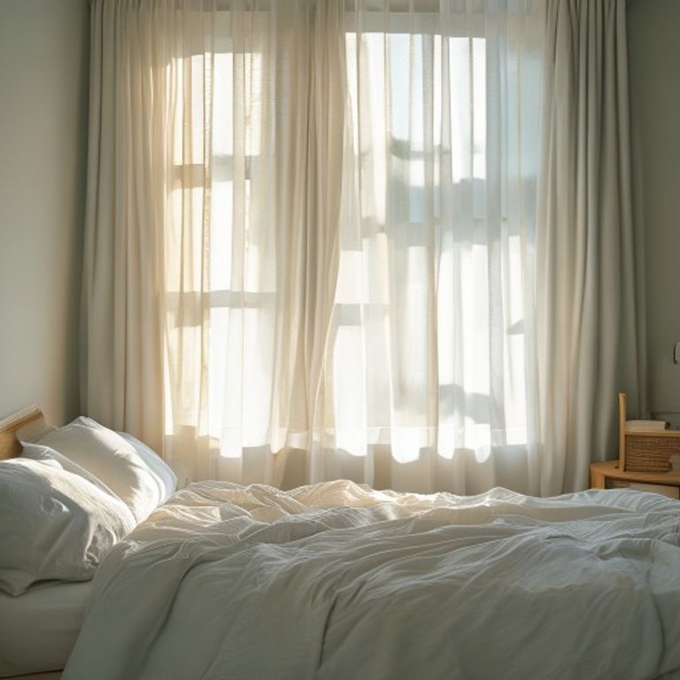 Natural morning light Morning sunlight streaming through curtains